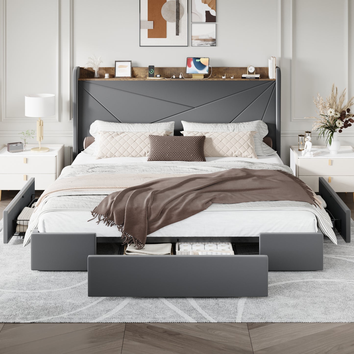 Amolife Storage Bed Frame with 3 Drawers, Velvet Platform Bed with Charging Station & Upholstered Wingback Headboard