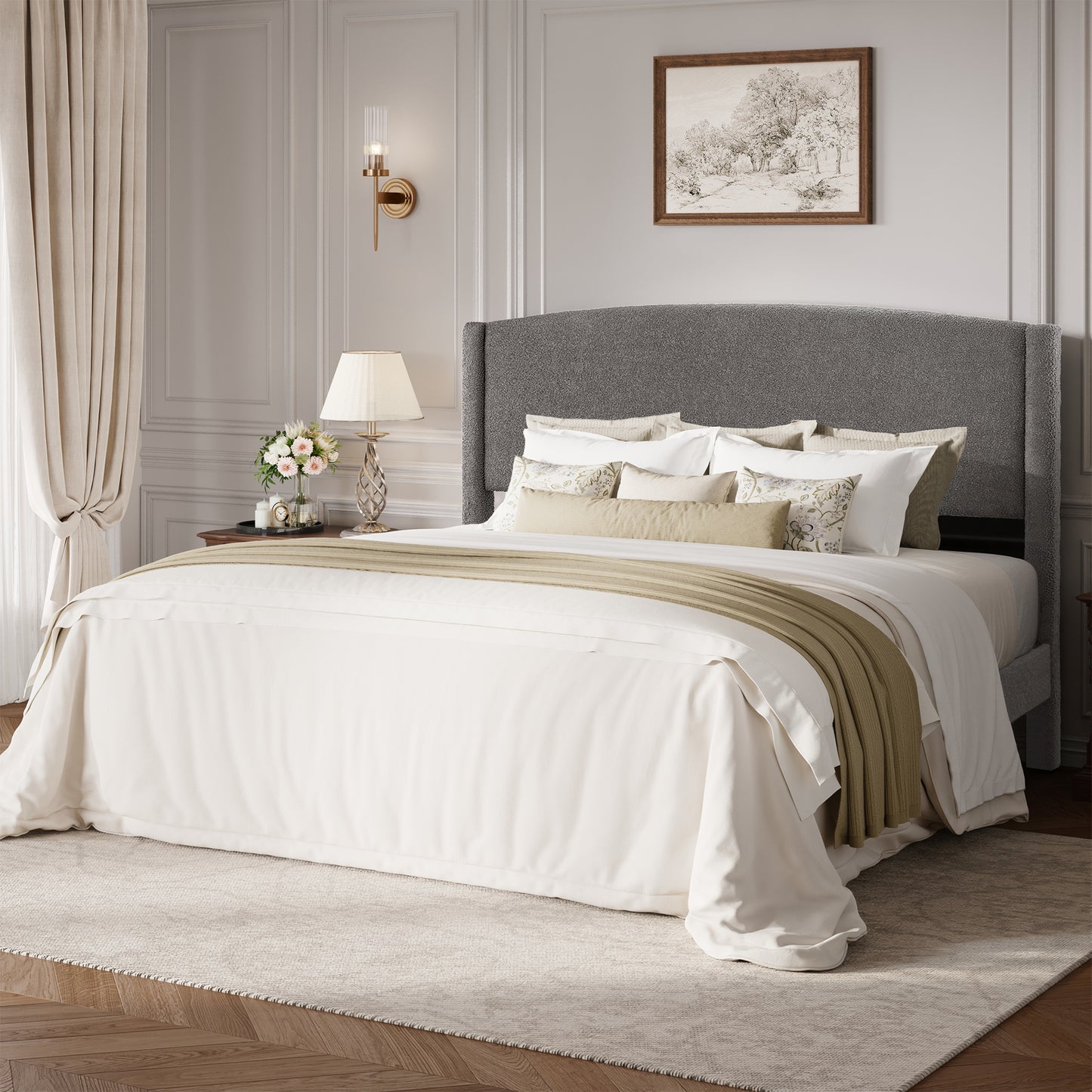 Amolife Bed Frame, Platform Upholstered Bed with Soft Teddy Fabric Curved Headboard