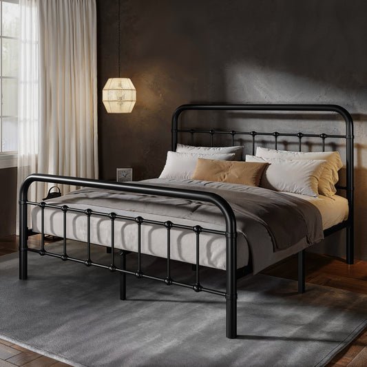 Queen Size Platform Bed Frame With Vintage Headboard and Footboard, Black