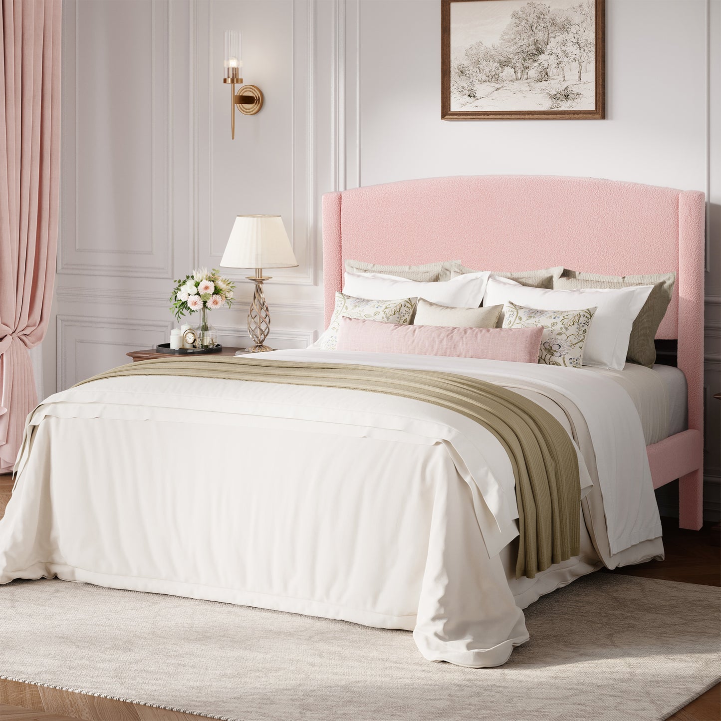 Amolife Bed Frame, Platform Upholstered Bed with Soft Teddy Fabric Curved Headboard