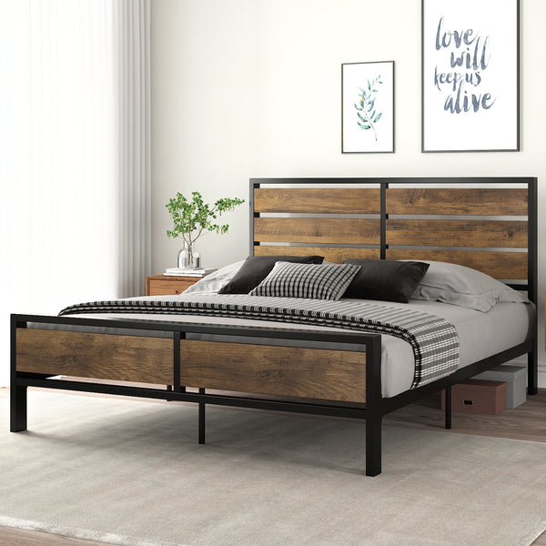 Full Size Bed Frame with Wood Headboard and Footboard, Black Frame