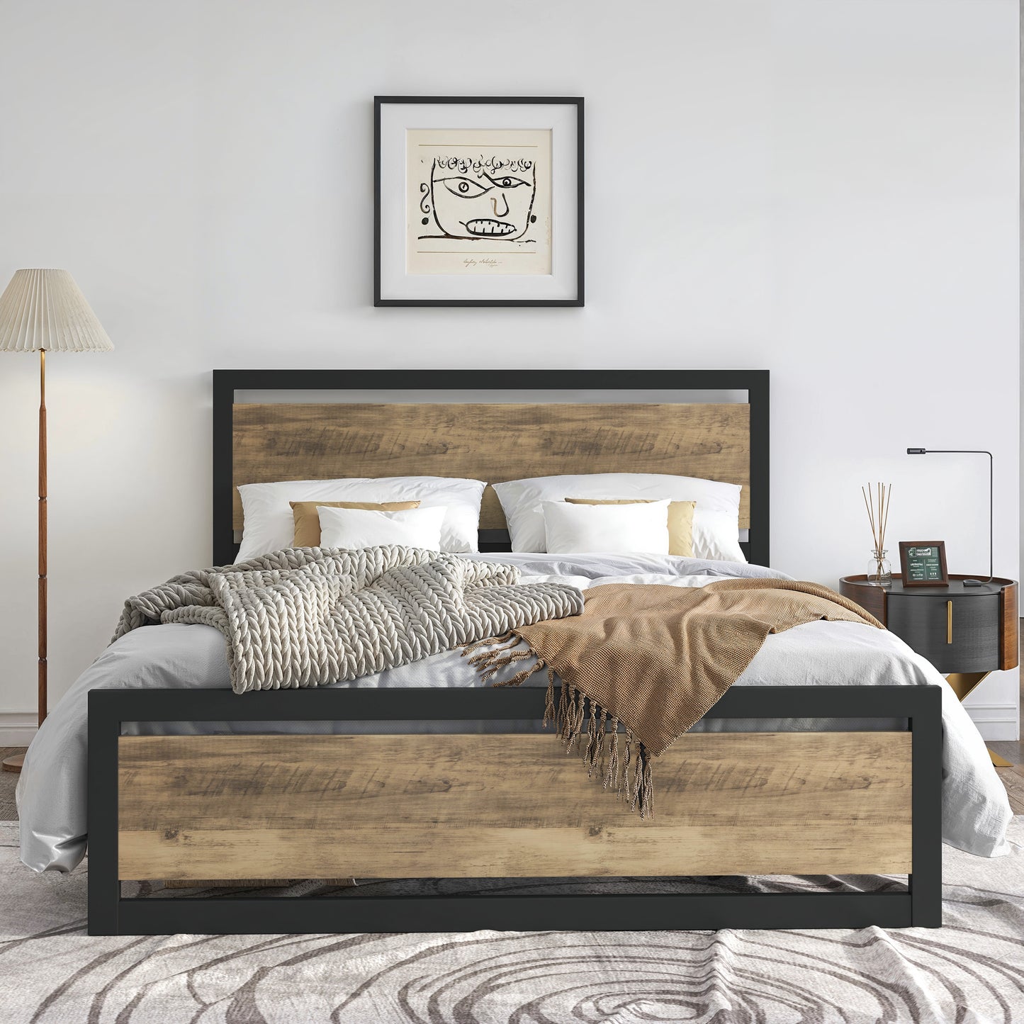 Heavy Duty Platform Bed, Metal Bed Frame with Modern Wooden Headboard & Footboard