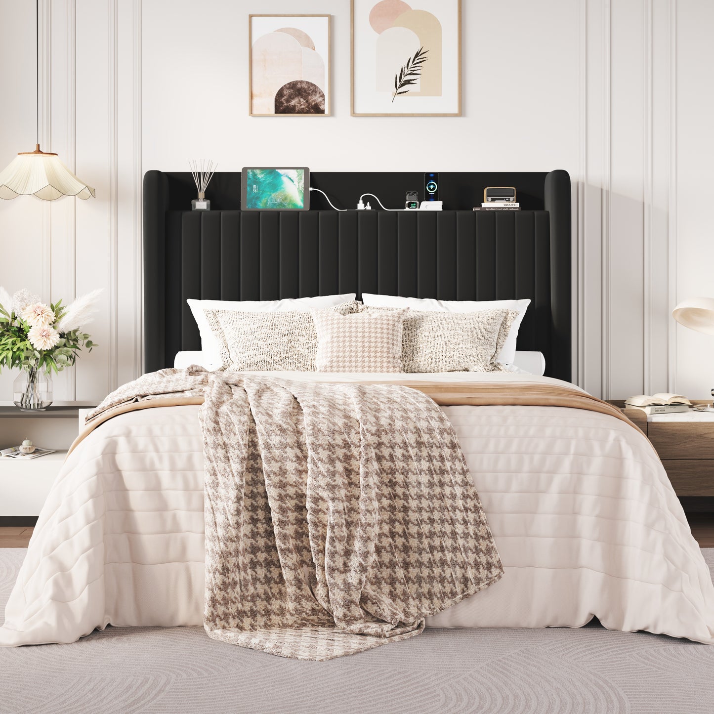 Amolife Bed Frame with Advanced 4-in-1 Charging Hub (2 AC Outlets, 1 Type-C, 1 USB) & Storage Shelf, Upholstered Velvet Wingback Headboard