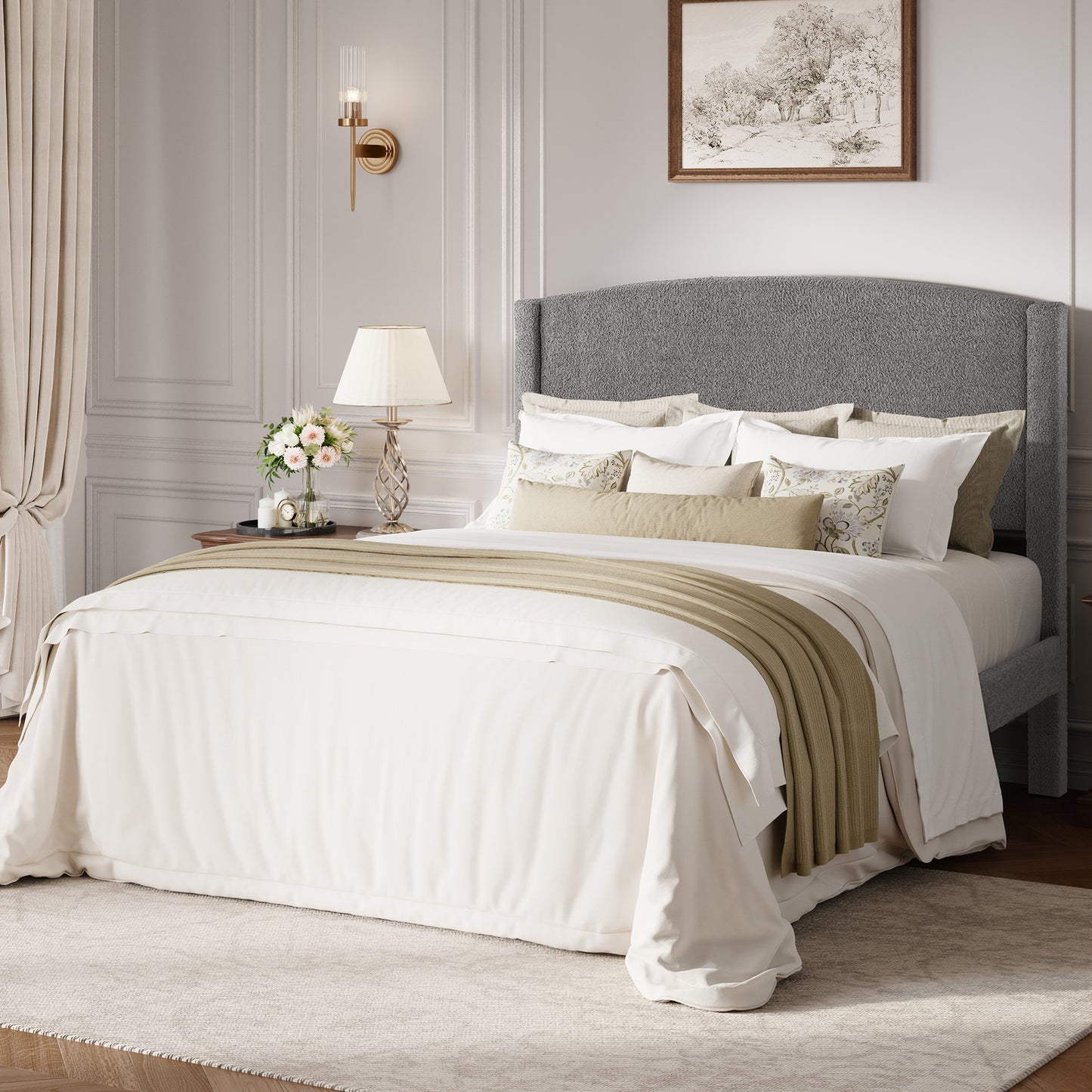 Amolife Bed Frame, Platform Upholstered Bed with Soft Teddy Fabric Curved Headboard