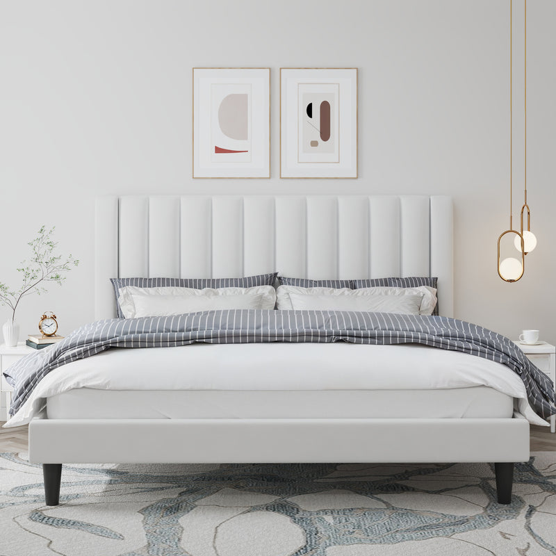 Velvet Upholstered Platform Bed Frame with Headboard, Strong Wood Slats Support