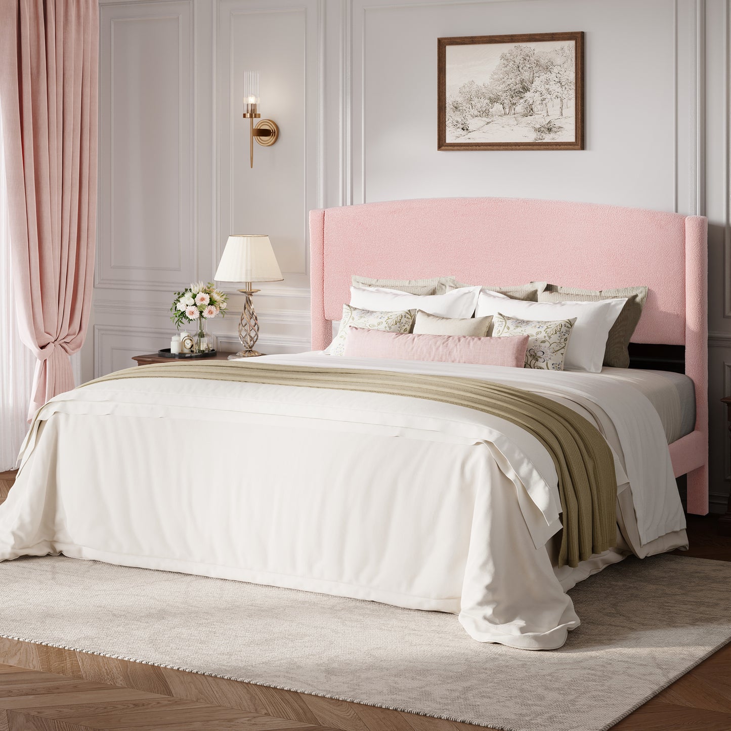 Amolife Bed Frame, Platform Upholstered Bed with Soft Teddy Fabric Curved Headboard
