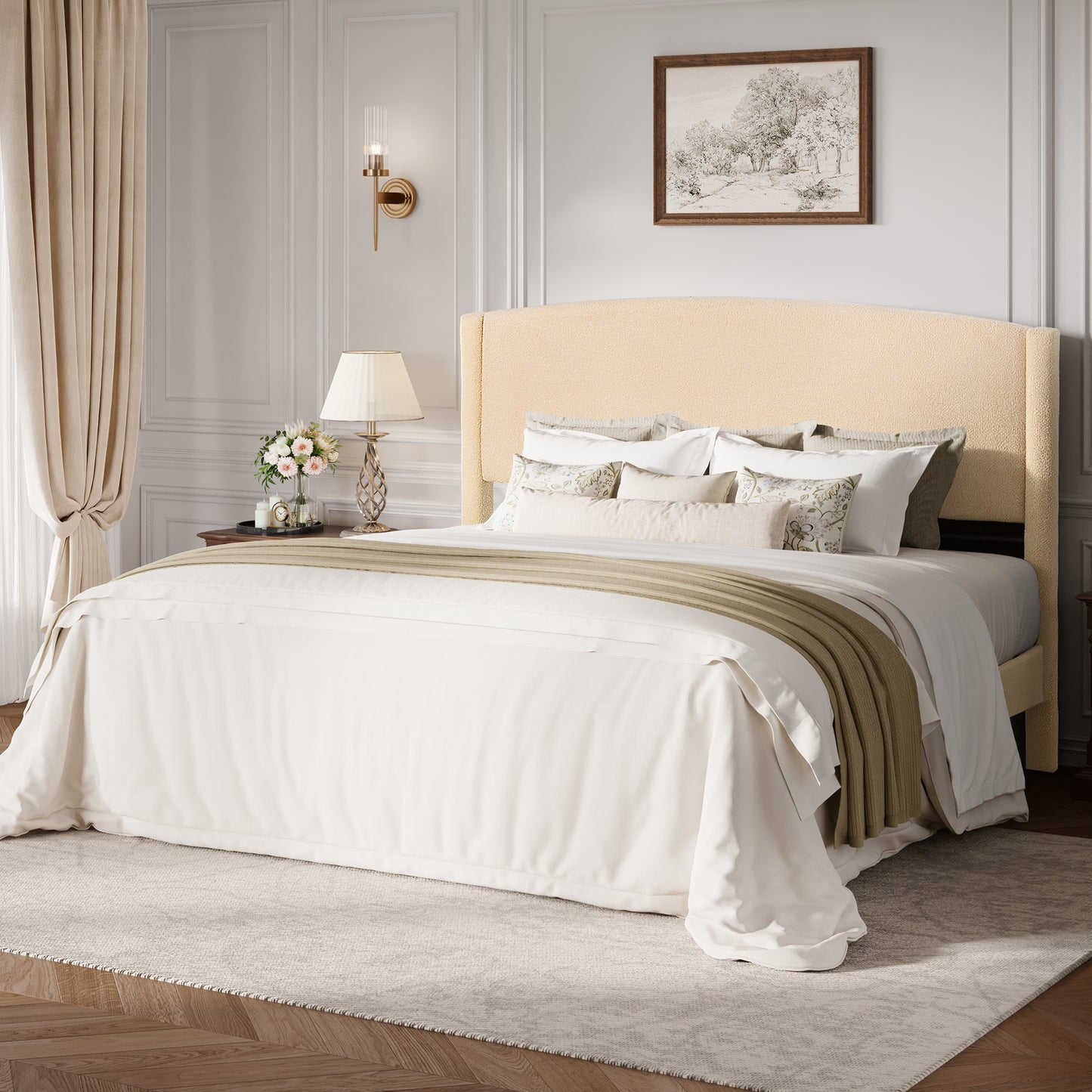 Amolife Bed Frame, Platform Upholstered Bed with Soft Teddy Fabric Curved Headboard