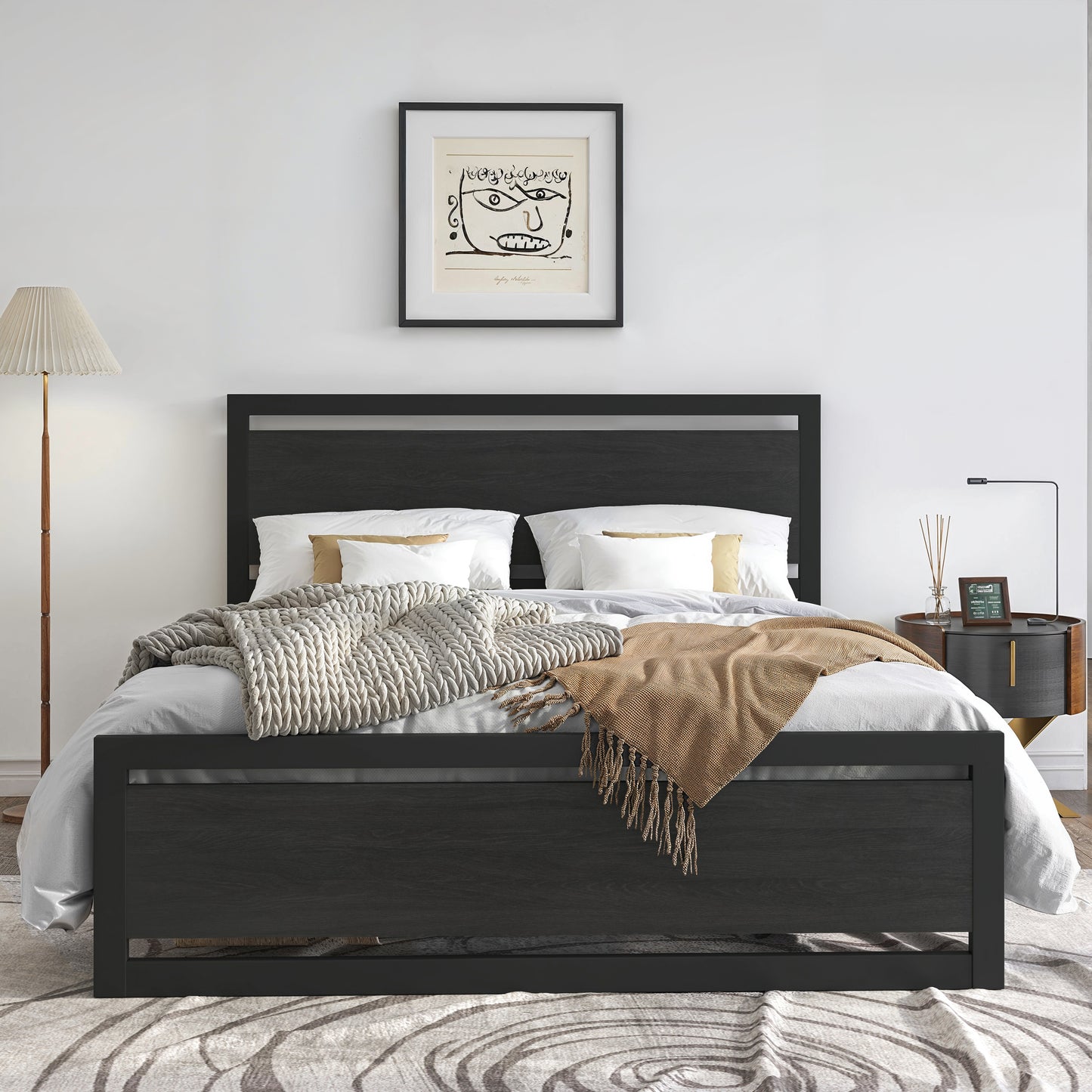 Heavy Duty Platform Bed, Metal Bed Frame with Modern Wooden Headboard & Footboard