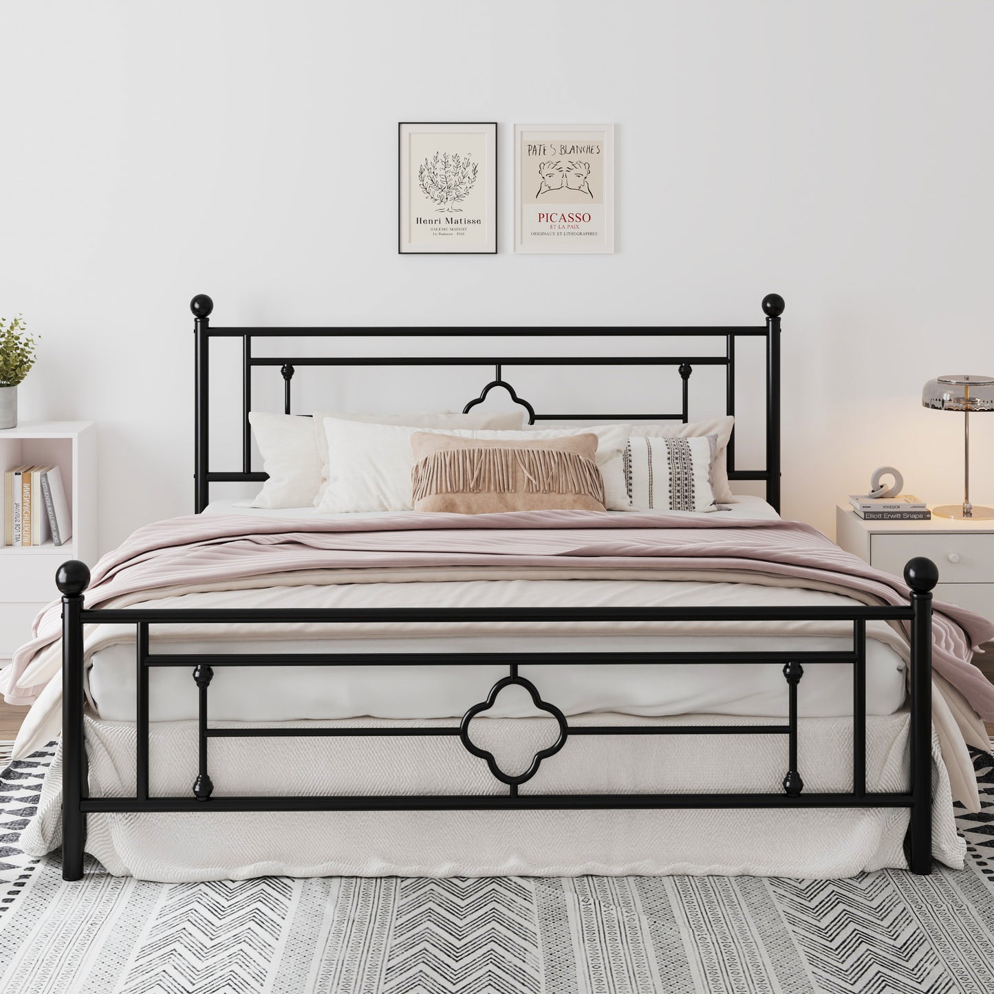 Queen Size Metal Bed Frame with Vintage Cross Pattern Headboard and Footboard, Black