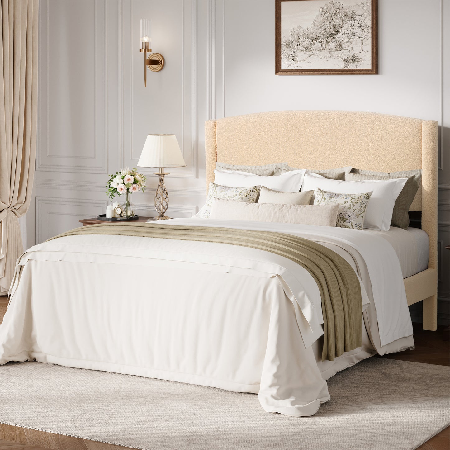 Amolife Bed Frame, Platform Upholstered Bed with Soft Teddy Fabric Curved Headboard