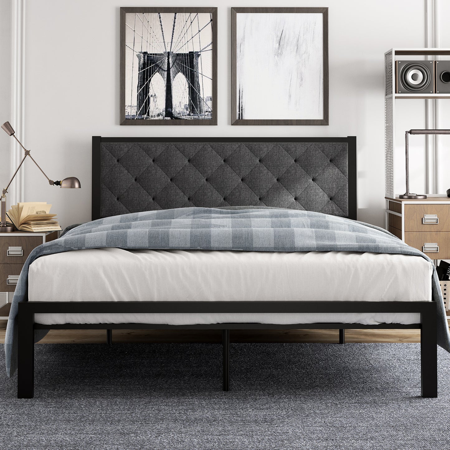 Amolife Metal Bed Frame with Faux Leather Upholstered Headboard