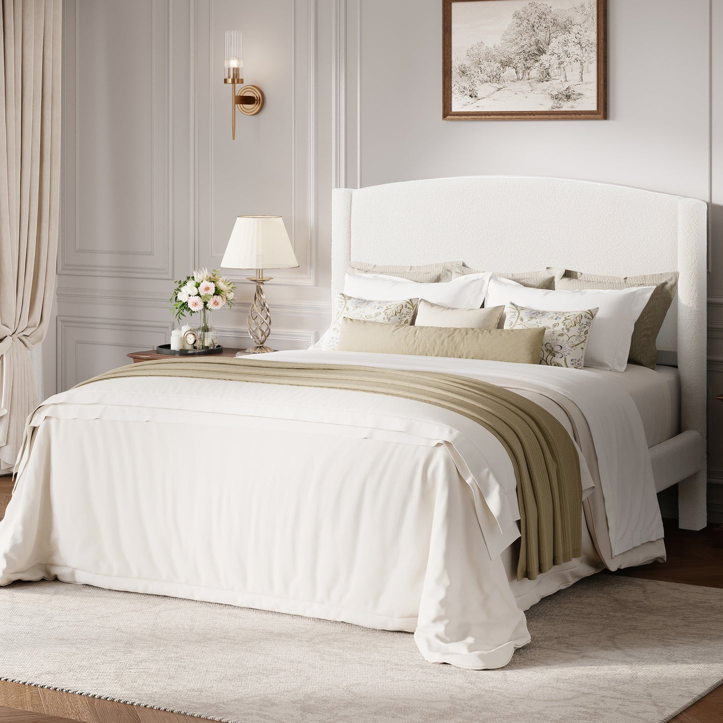 Amolife Bed Frame, Platform Upholstered Bed with Soft Teddy Fabric Curved Headboard