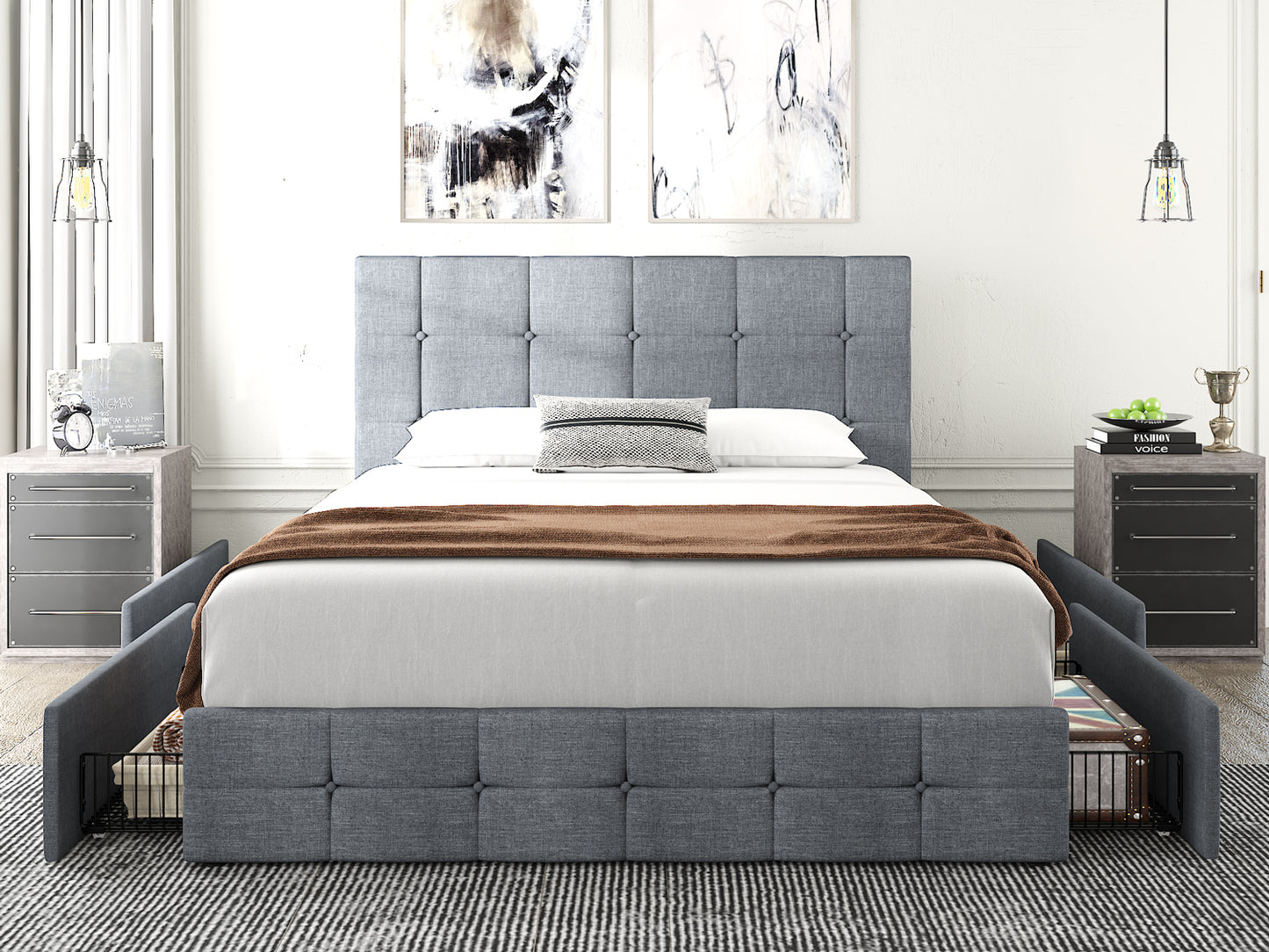 Queen Size Platform Bed Frame with Headboard and 4 Storage Drawers, Button Tufted Style, Dark Grey, Mattress Not Included