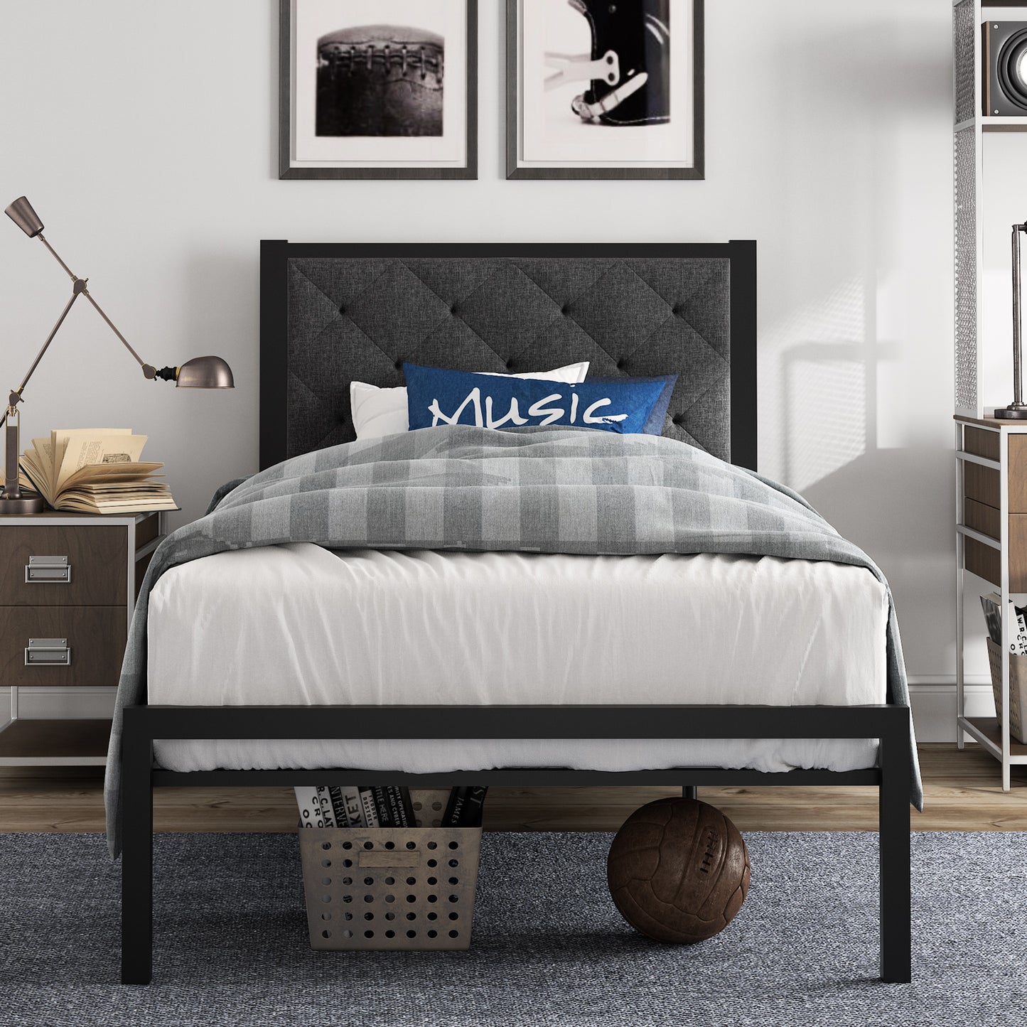 Amolife Metal Bed Frame with Faux Leather Upholstered Headboard