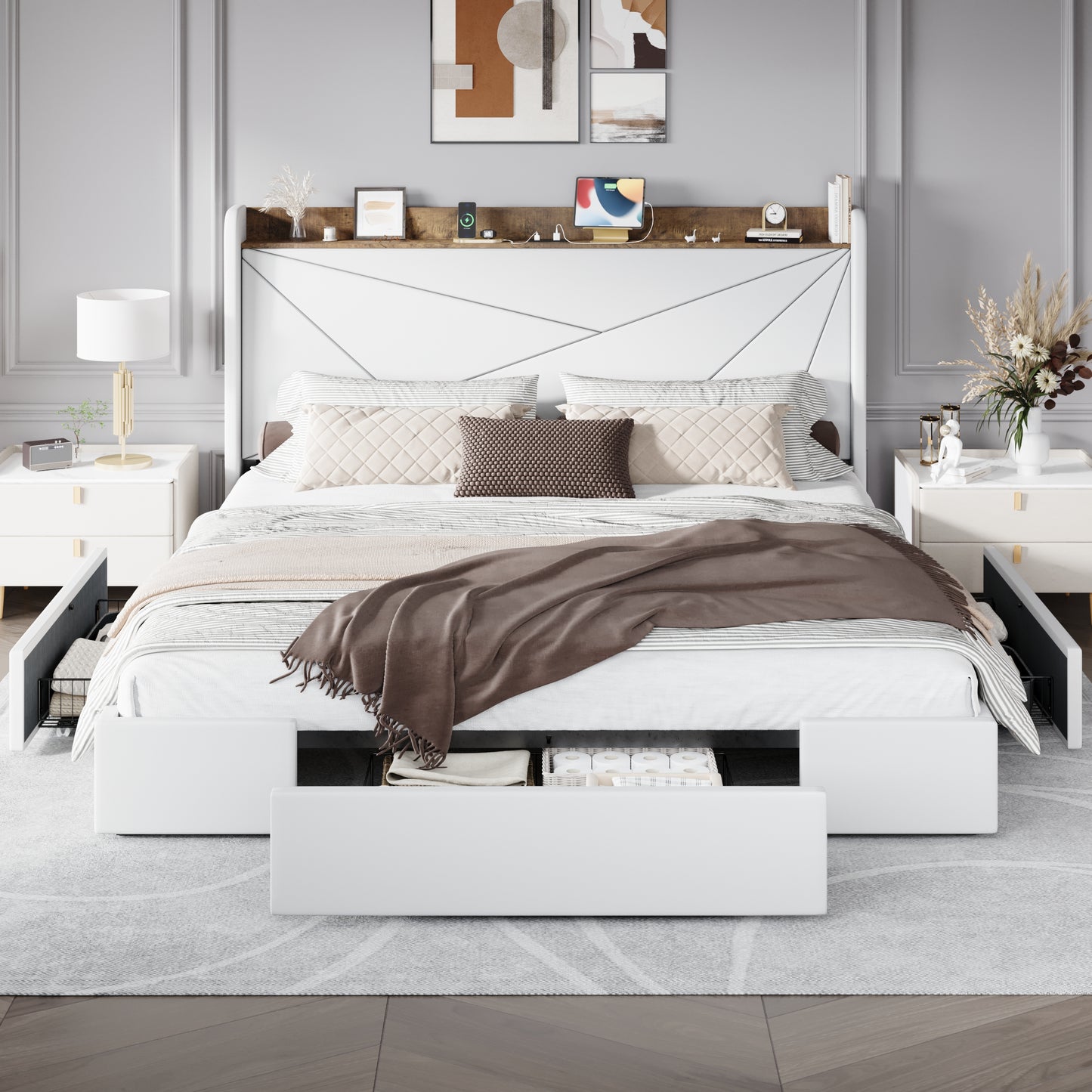 Amolife Storage Bed Frame with 3 Drawers, Velvet Platform Bed with Charging Station & Upholstered Wingback Headboard