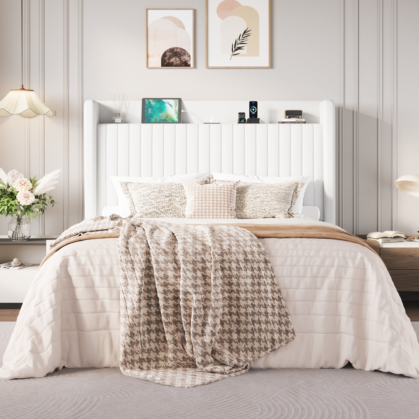Amolife Bed Frame with Advanced 4-in-1 Charging Hub (2 AC Outlets, 1 Type-C, 1 USB) & Storage Shelf, Upholstered Velvet Wingback Headboard