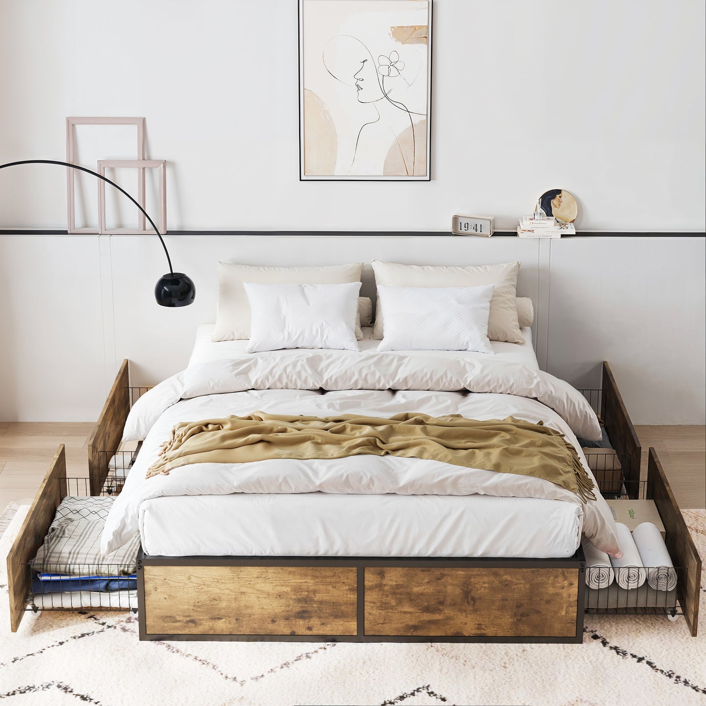 Amolife Platform Storage Bed Frame with 4 XL Drawers, Metal Slat Support