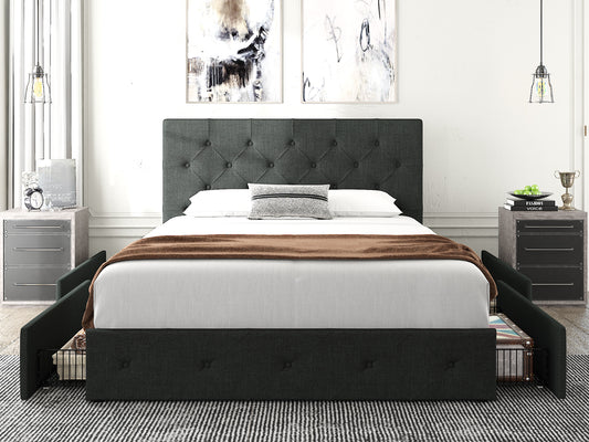 Queen Size Platform Bed Frame with Headboard and 4 Storage Drawers, Button Tufted Style, Dark Grey, Mattress Not Included