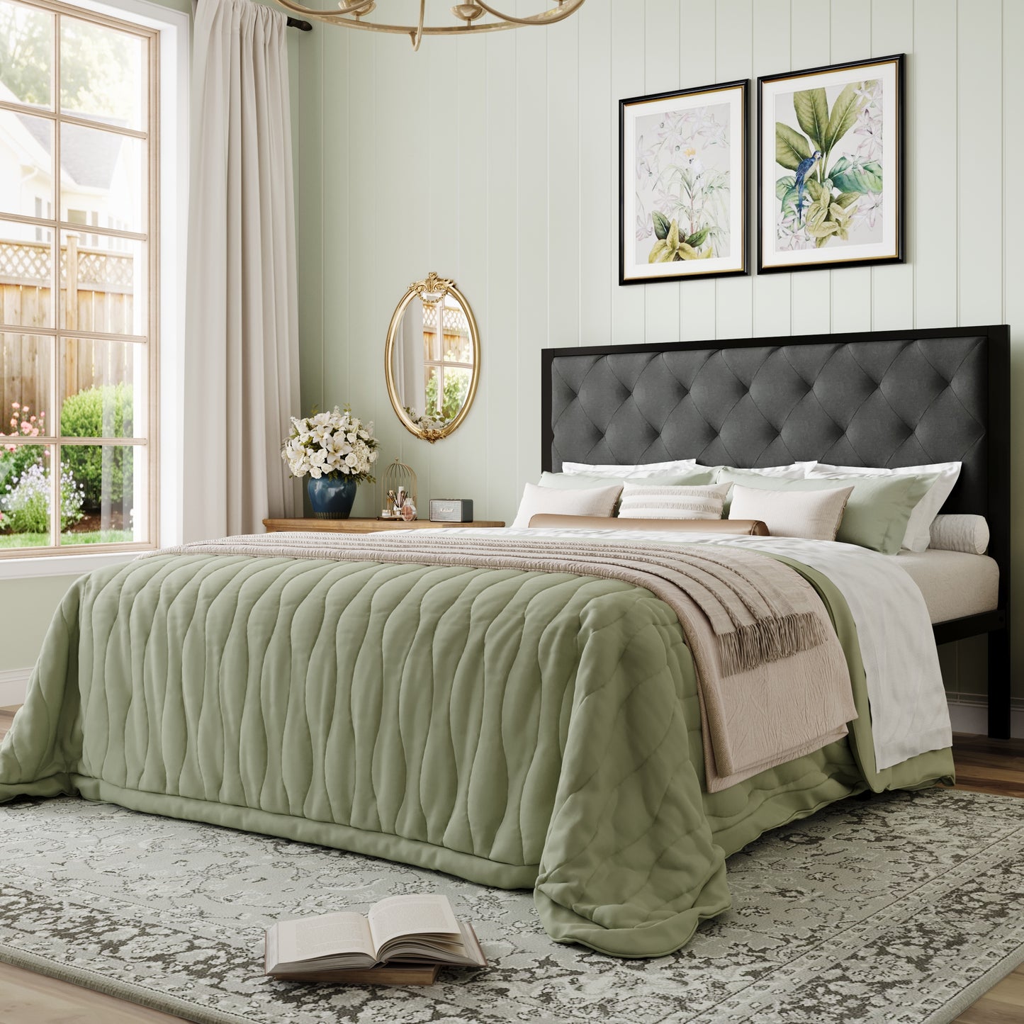 Amolife Bed Frame with Upholstered Headboard and Elevated Footboard, 12.5" Under-Bed Storage Space, No Box Spring Needed