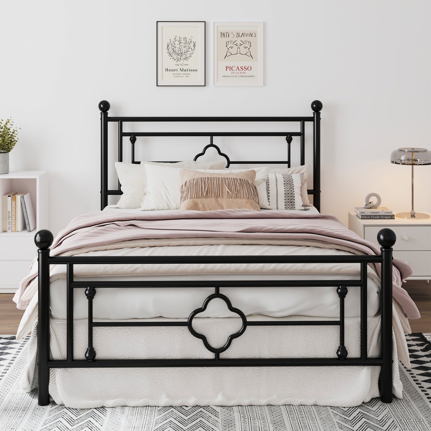 Queen Size Metal Bed Frame with Vintage Cross Pattern Headboard and Footboard, Black