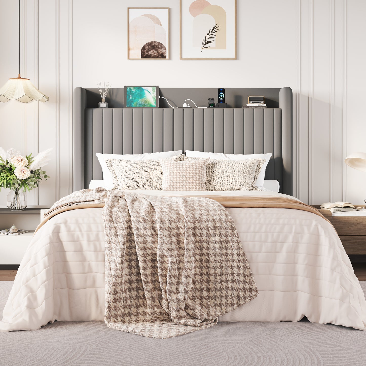 Amolife Bed Frame with Advanced 4-in-1 Charging Hub (2 AC Outlets, 1 Type-C, 1 USB) & Storage Shelf, Upholstered Velvet Wingback Headboard