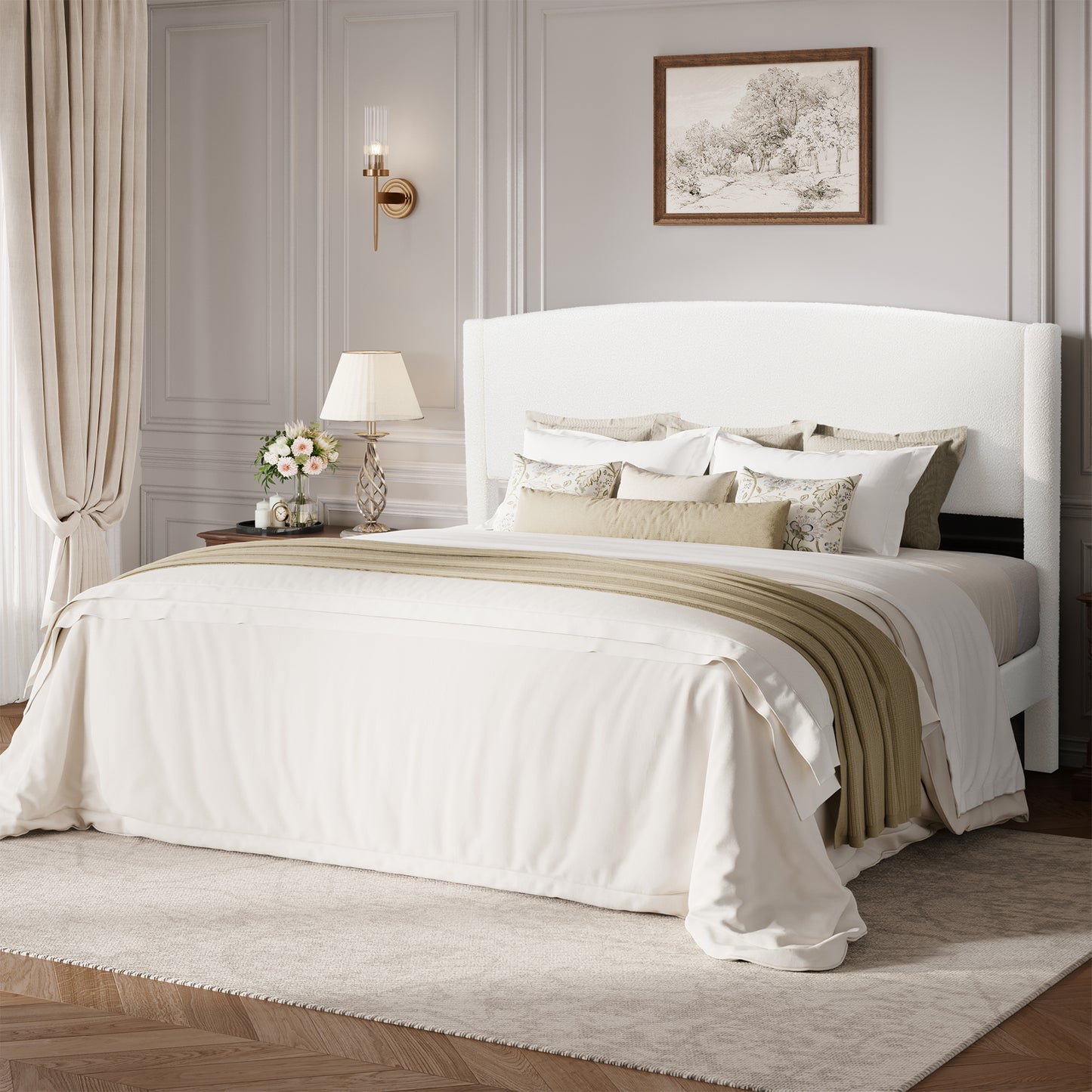 Amolife Bed Frame, Platform Upholstered Bed with Soft Teddy Fabric Curved Headboard