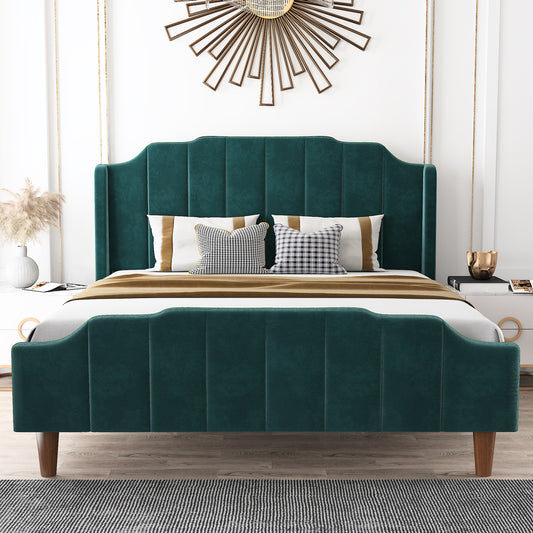 Modern Curved Wood Bed Frame with Upholstered Wingback Headboard
