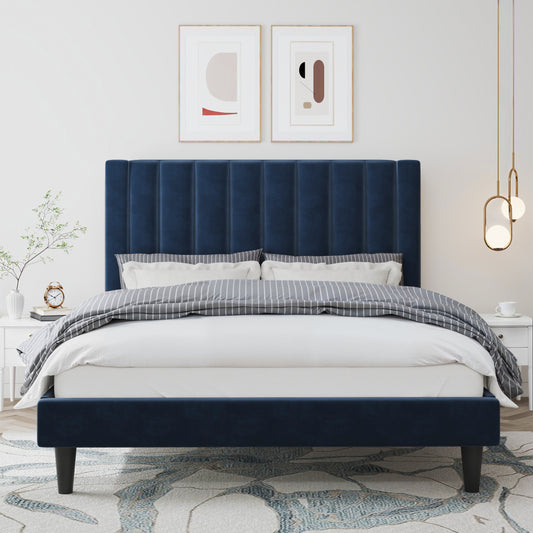 Velvet Upholstered Platform Bed Frame with Headboard, Strong Wood Slats Support