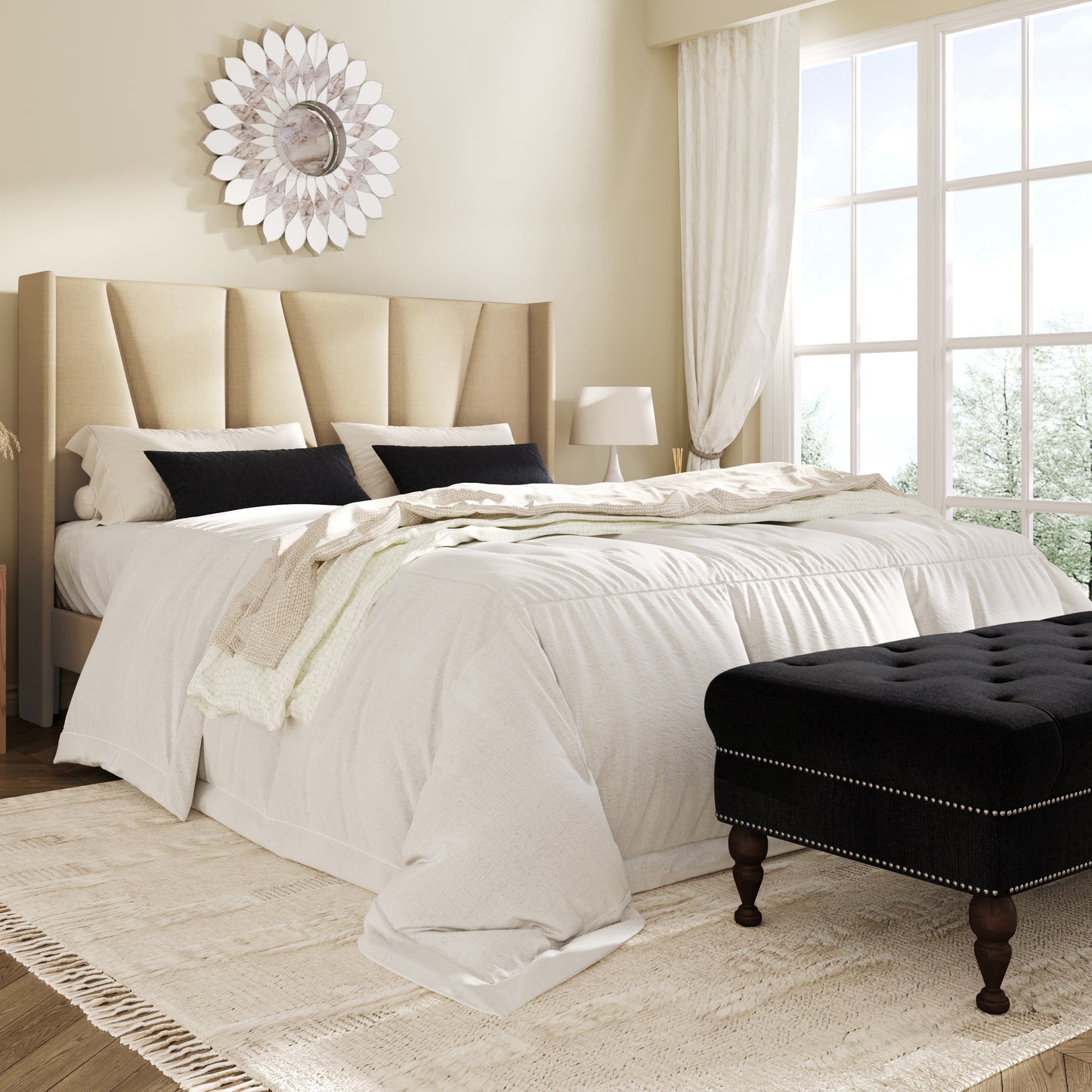 Amolife Bed Frame, Upholstered Platform Bed with Wingback and Geometric Headboard