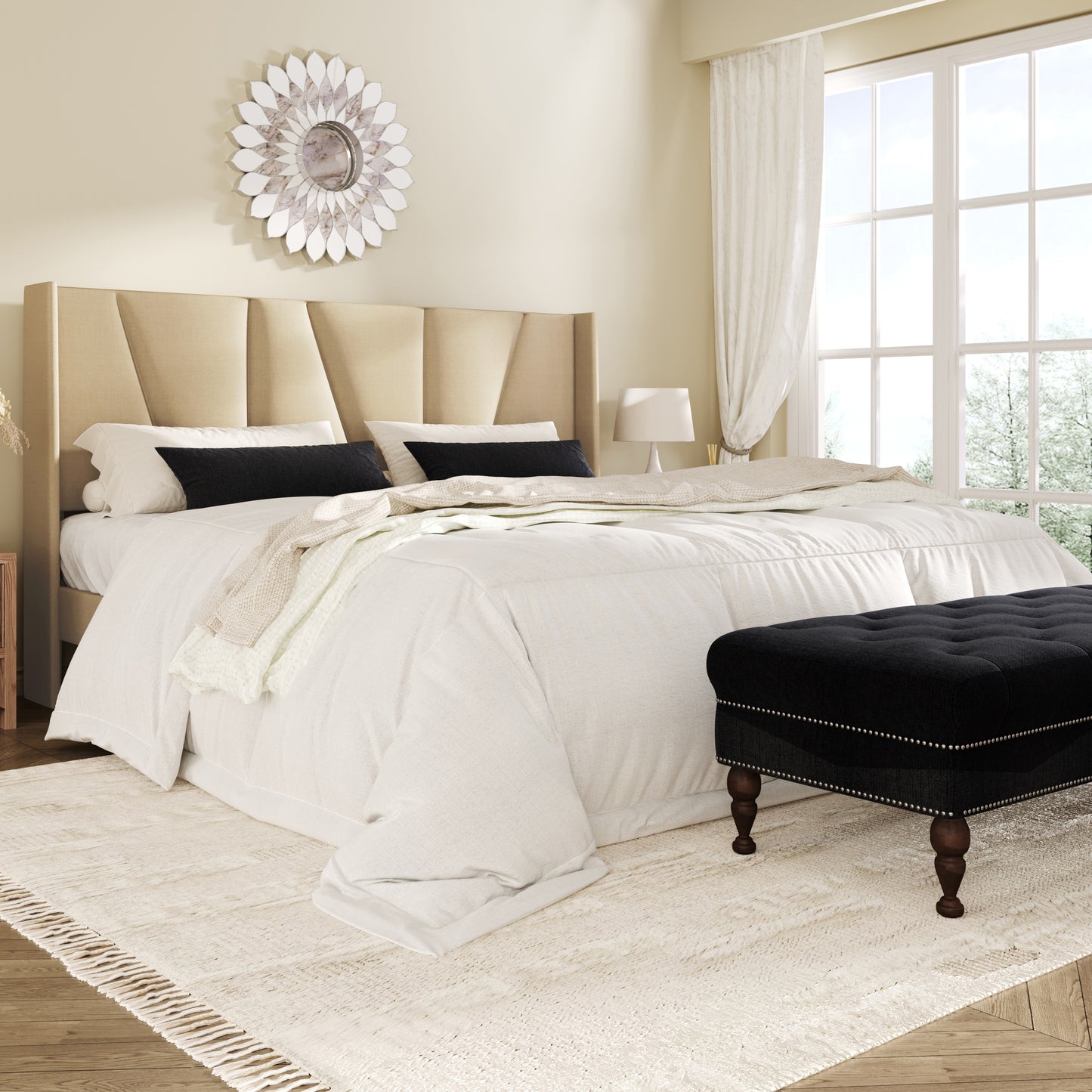 Amolife Bed Frame, Upholstered Platform Bed with Wingback and Geometric Headboard