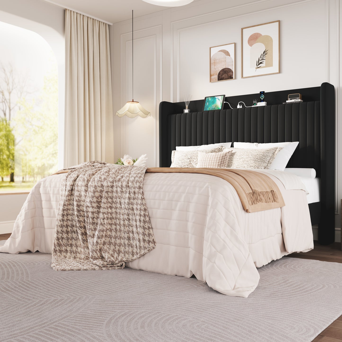 Amolife Bed Frame with Advanced 4-in-1 Charging Hub (2 AC Outlets, 1 Type-C, 1 USB) & Storage Shelf, Upholstered Velvet Wingback Headboard