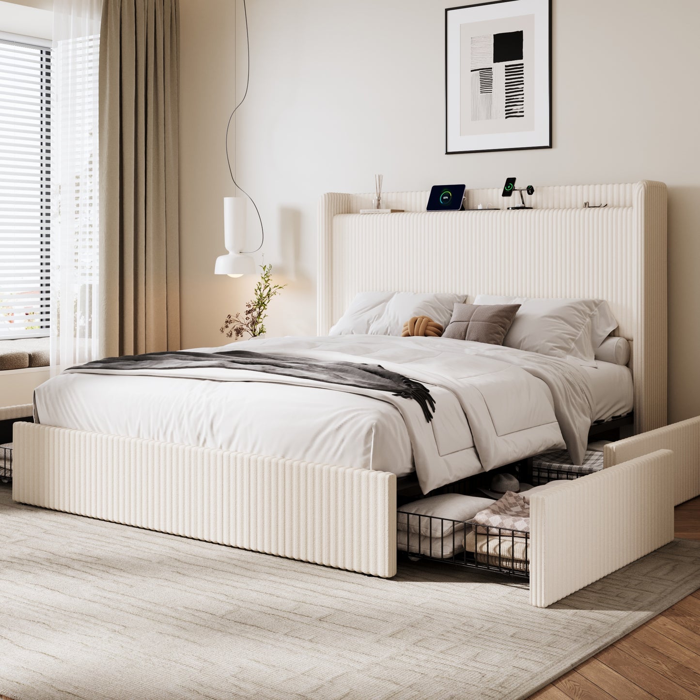 Amolife Bed Frame, Corduroy Upholstered Storage Bed with Wingback Headboard, 4 Storage Drawers, USB Ports Charging Station