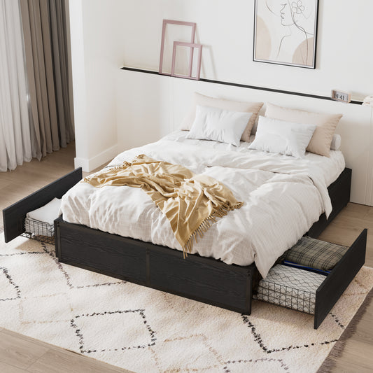 Amolife Platform Bed Frame with 2 Lockable Storage Drawers and Metal Slats