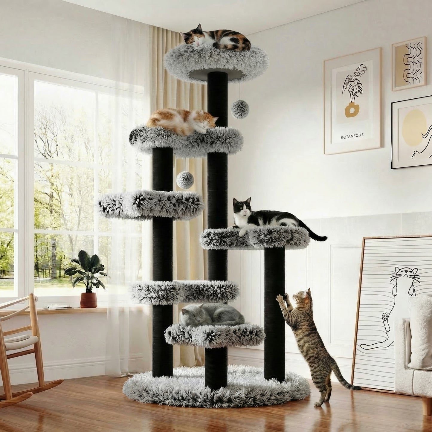 Amolife 61.5" Large Plush Cat Tree Tower with Platforms, 2 Toy Balls with bells, Scratching Posts and Widened Base for Indoor Cats and Kittens, Black and White