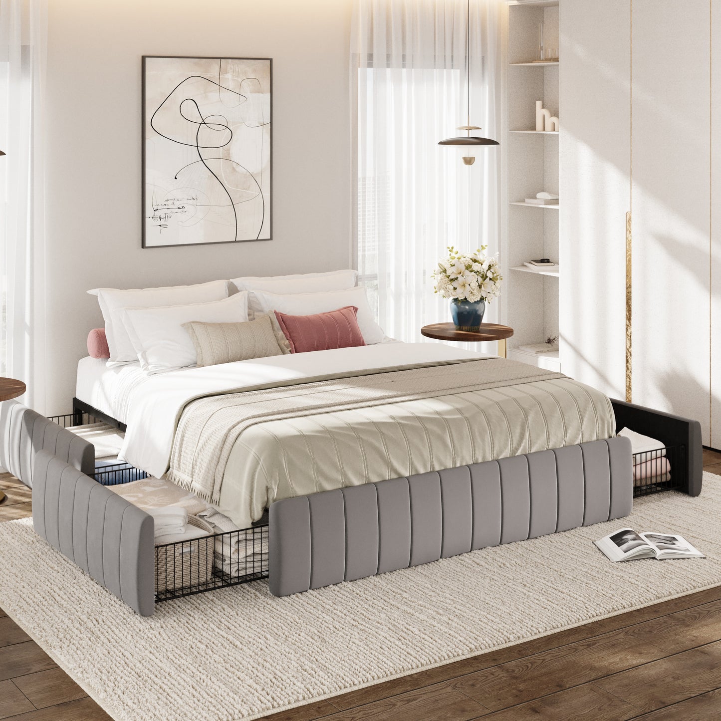 Amolife Bed Frame, Platform Storage Bed with 4 Large Velvet Storage Drawers, Wooden Slats
