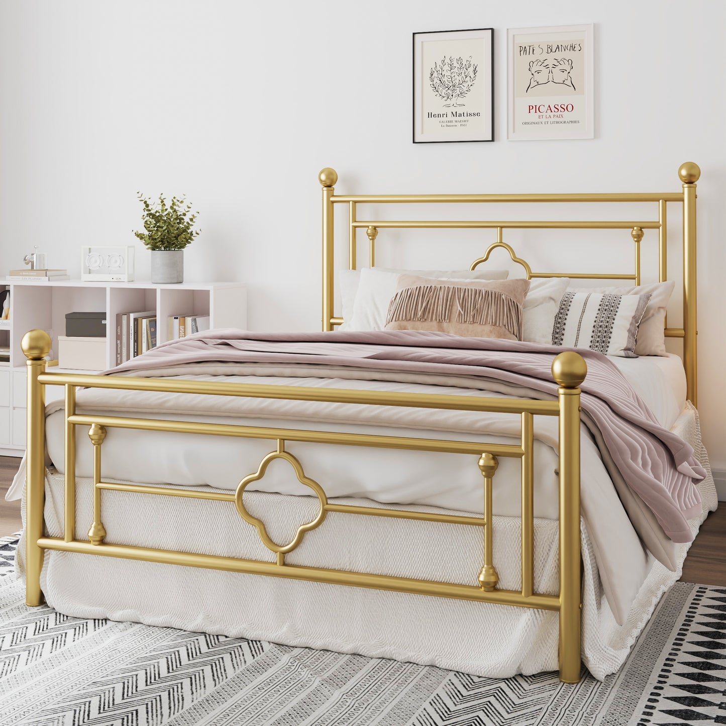Queen Size Metal Bed Frame with Vintage Cross Pattern Headboard and Footboard, Black