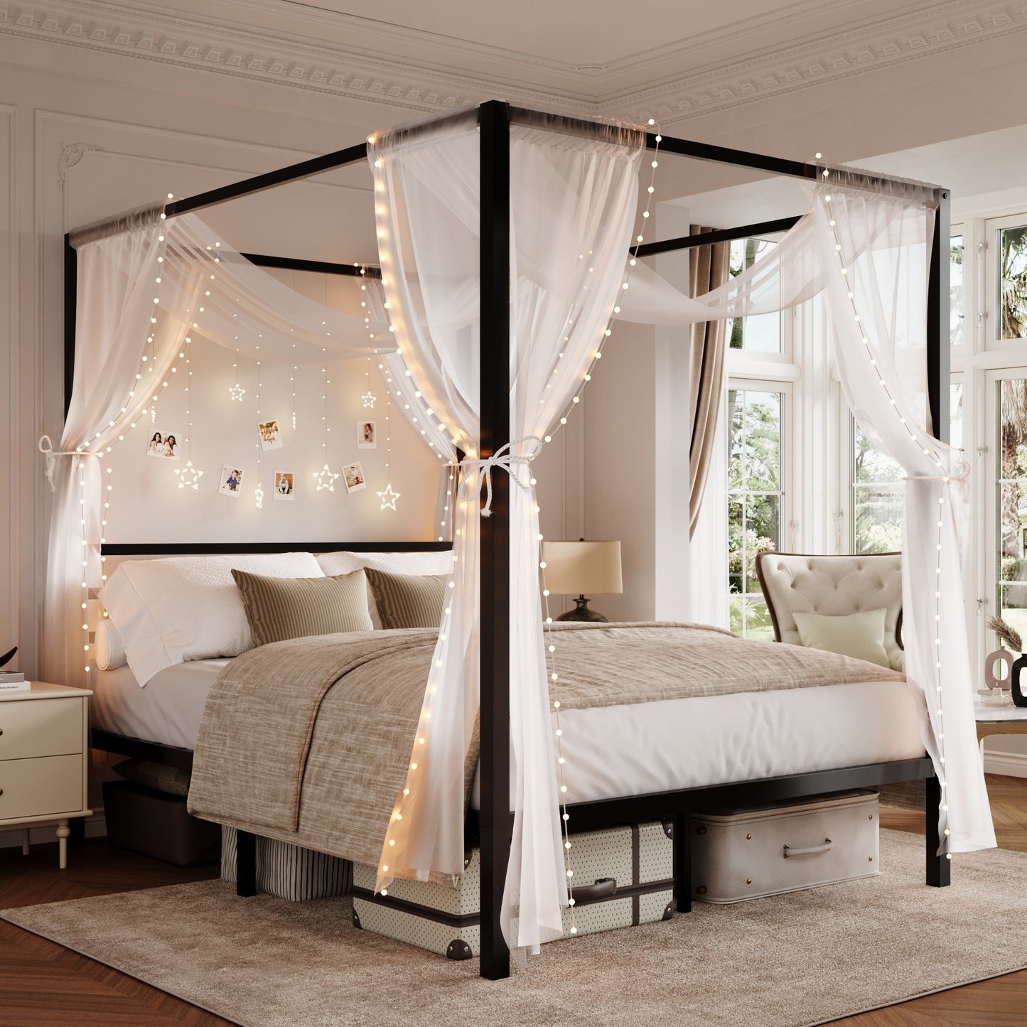 Amolife Bed Frame,Canopy Bed with Metal Headboard,No Box Spring Needed