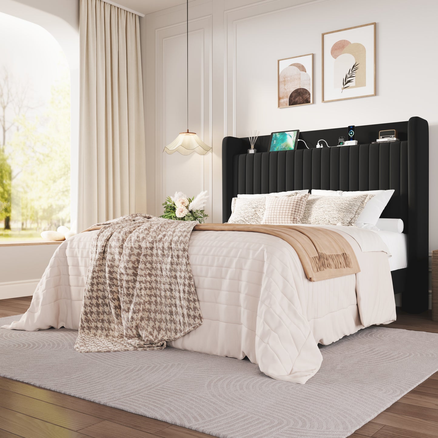 Amolife Bed Frame with Advanced 4-in-1 Charging Hub (2 AC Outlets, 1 Type-C, 1 USB) & Storage Shelf, Upholstered Velvet Wingback Headboard