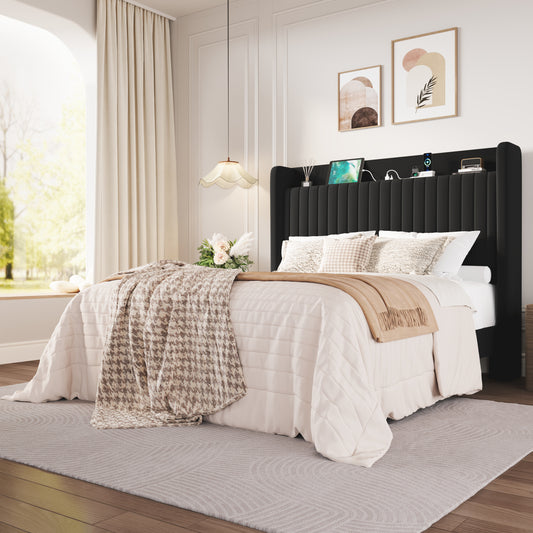 Amolife Bed Frame with Advanced 4-in-1 Charging Hub (2 AC Outlets, 1 Type-C, 1 USB) & Storage Shelf, Upholstered Velvet Wingback Headboard