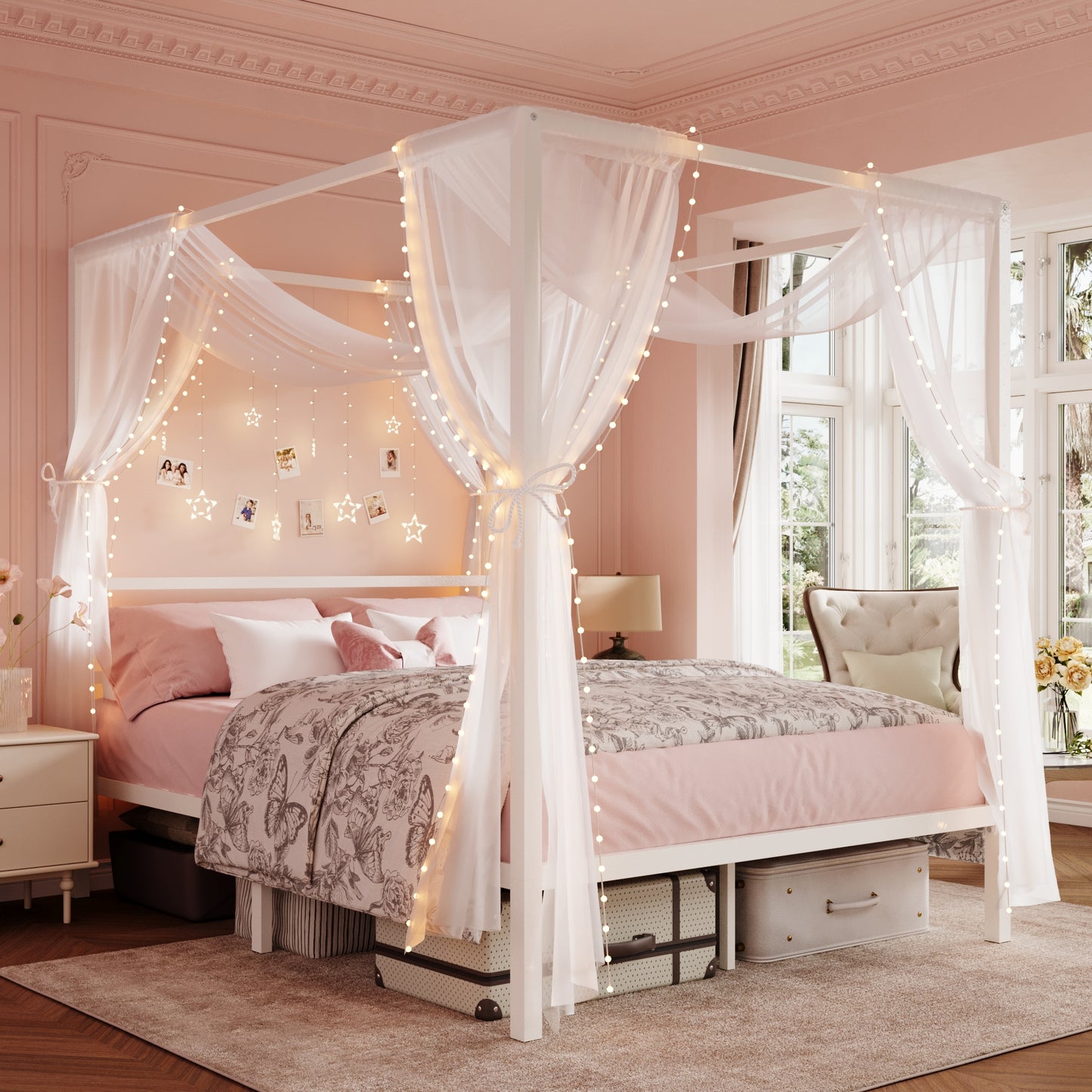 Amolife Bed Frame,Canopy Bed with Metal Headboard,No Box Spring Needed
