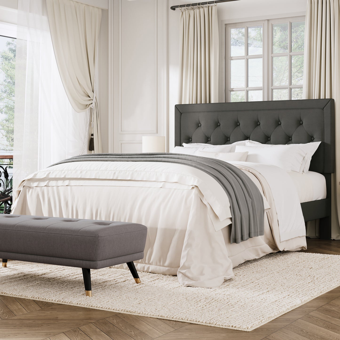 Amolife Bed Frame with Adjustable Headboard, Upholstered Platform Bed, No Box Spring Required