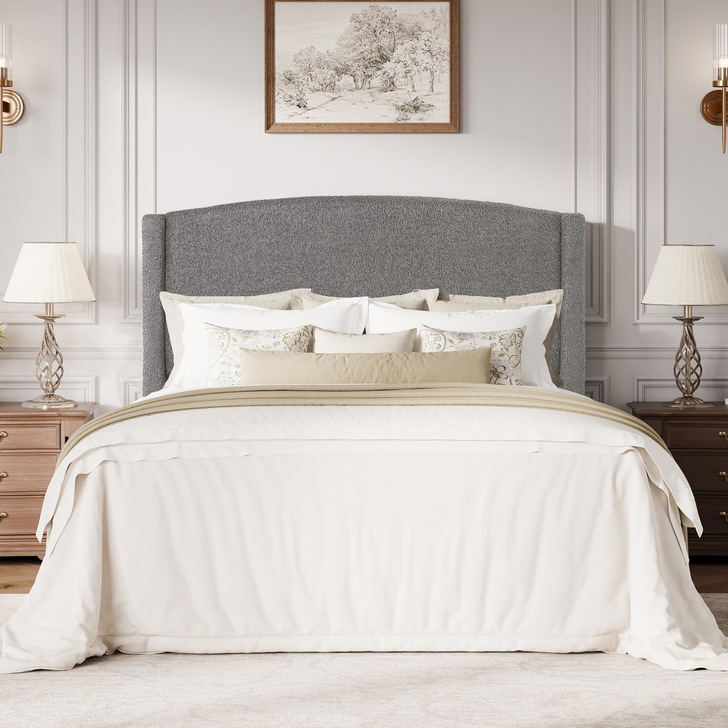 Amolife Bed Frame, Platform Upholstered Bed with Soft Teddy Fabric Curved Headboard