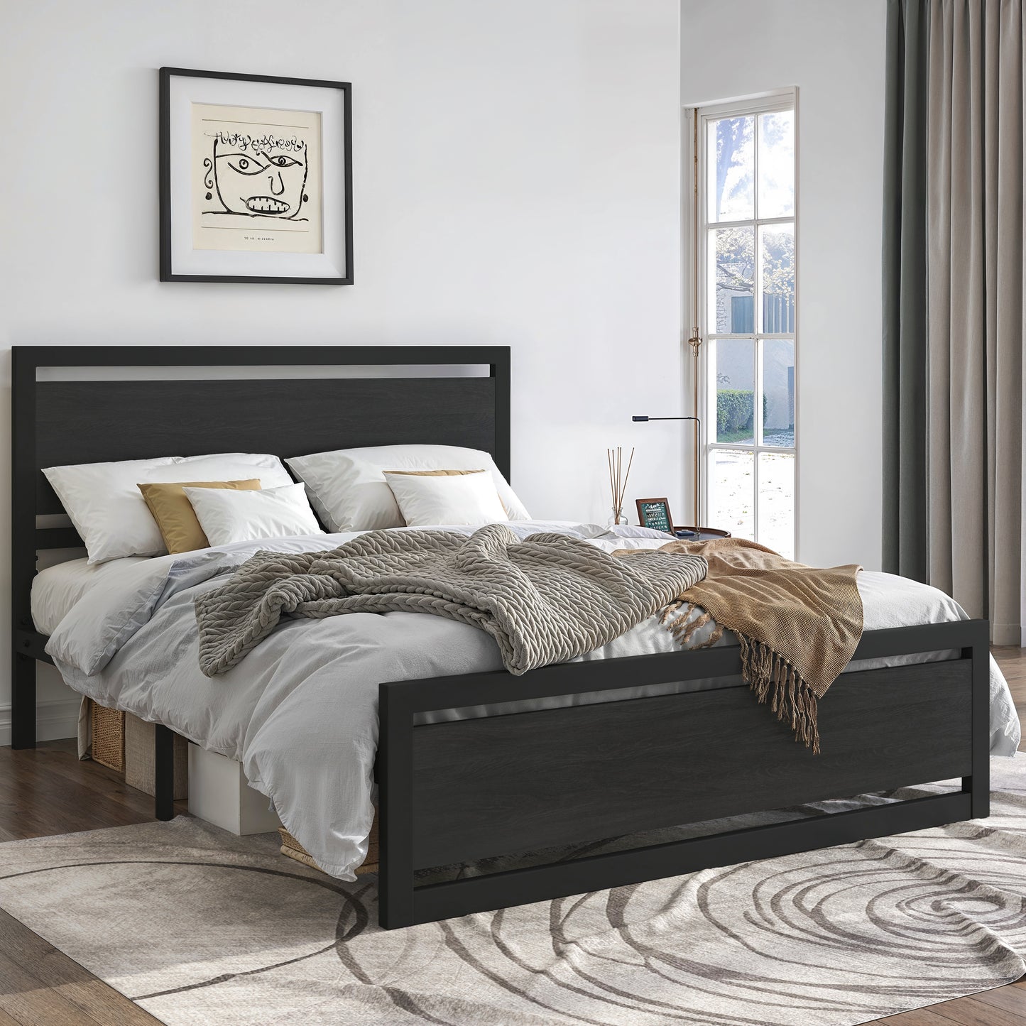 Heavy Duty Platform Bed, Metal Bed Frame with Modern Wooden Headboard & Footboard