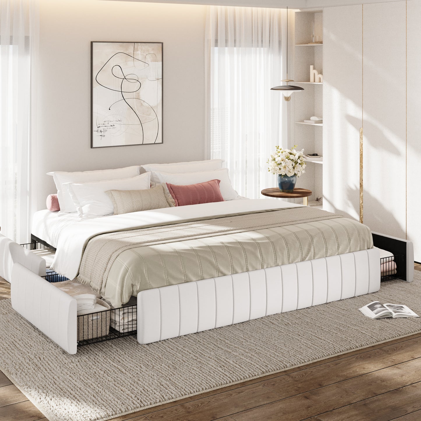 Amolife Bed Frame, Platform Storage Bed with 4 Large Velvet Storage Drawers, Wooden Slats