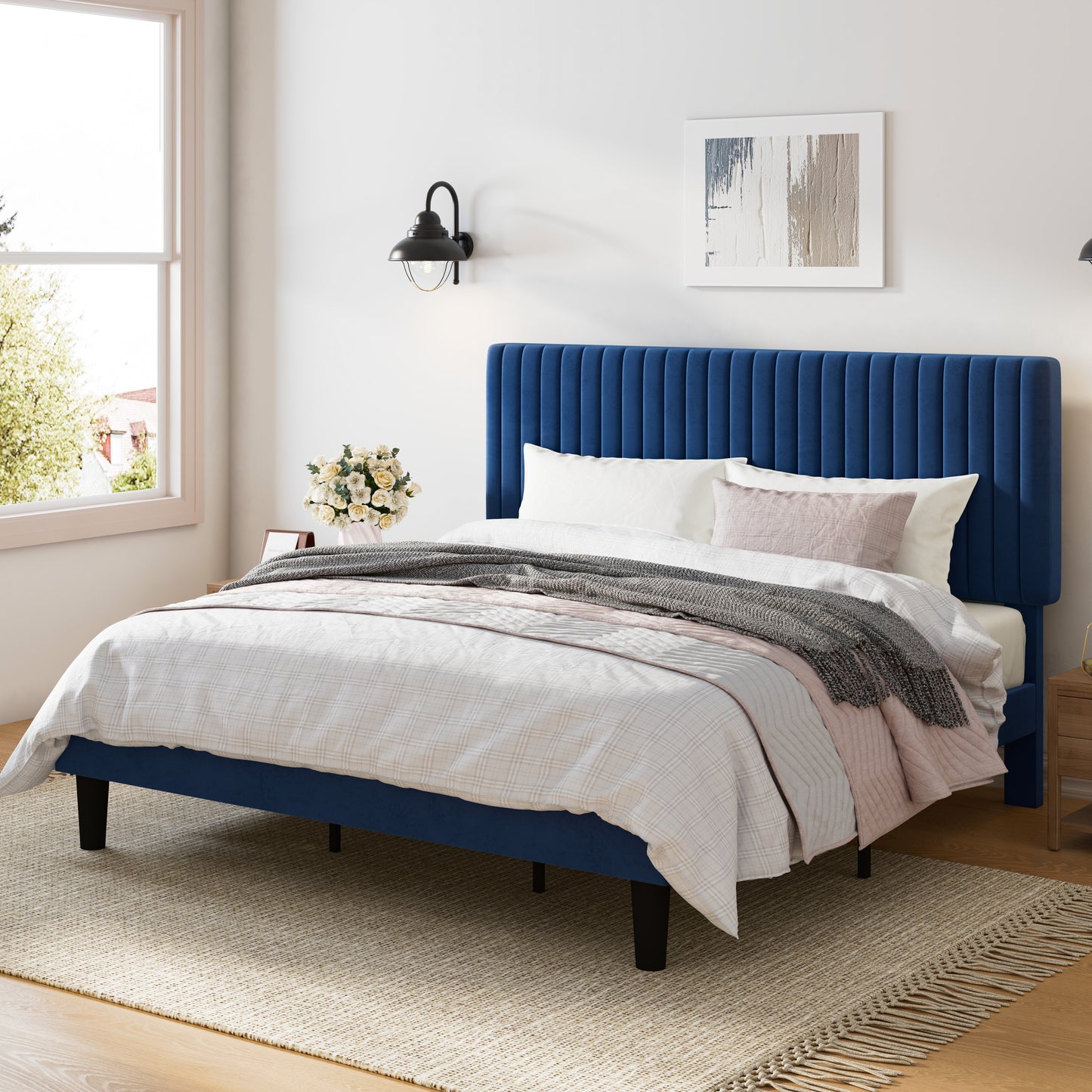 Upholstered Platform Bed Frame with Vertical Channel Tufted Velvet Headboard