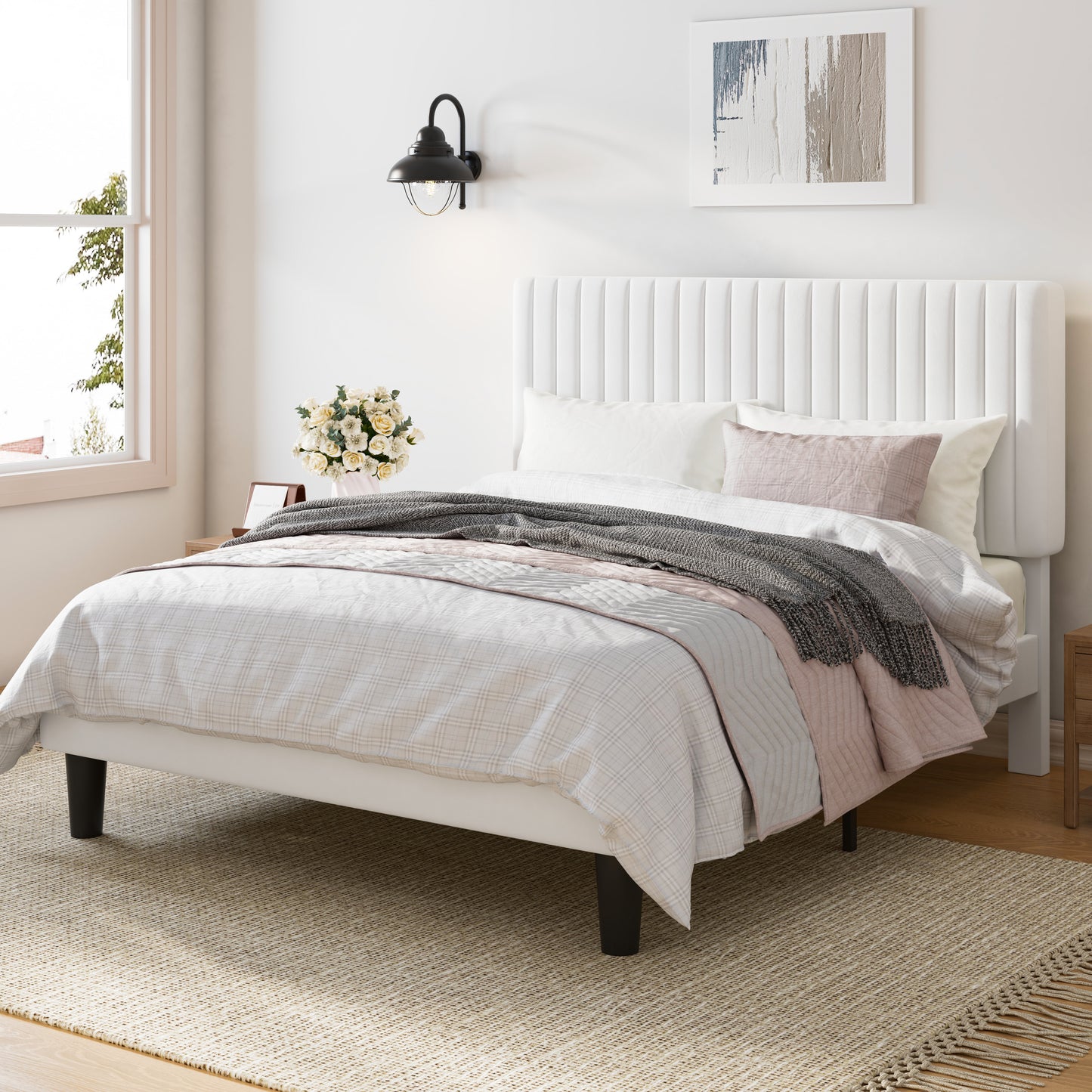 Upholstered Platform Bed Frame with Vertical Channel Tufted Velvet Headboard