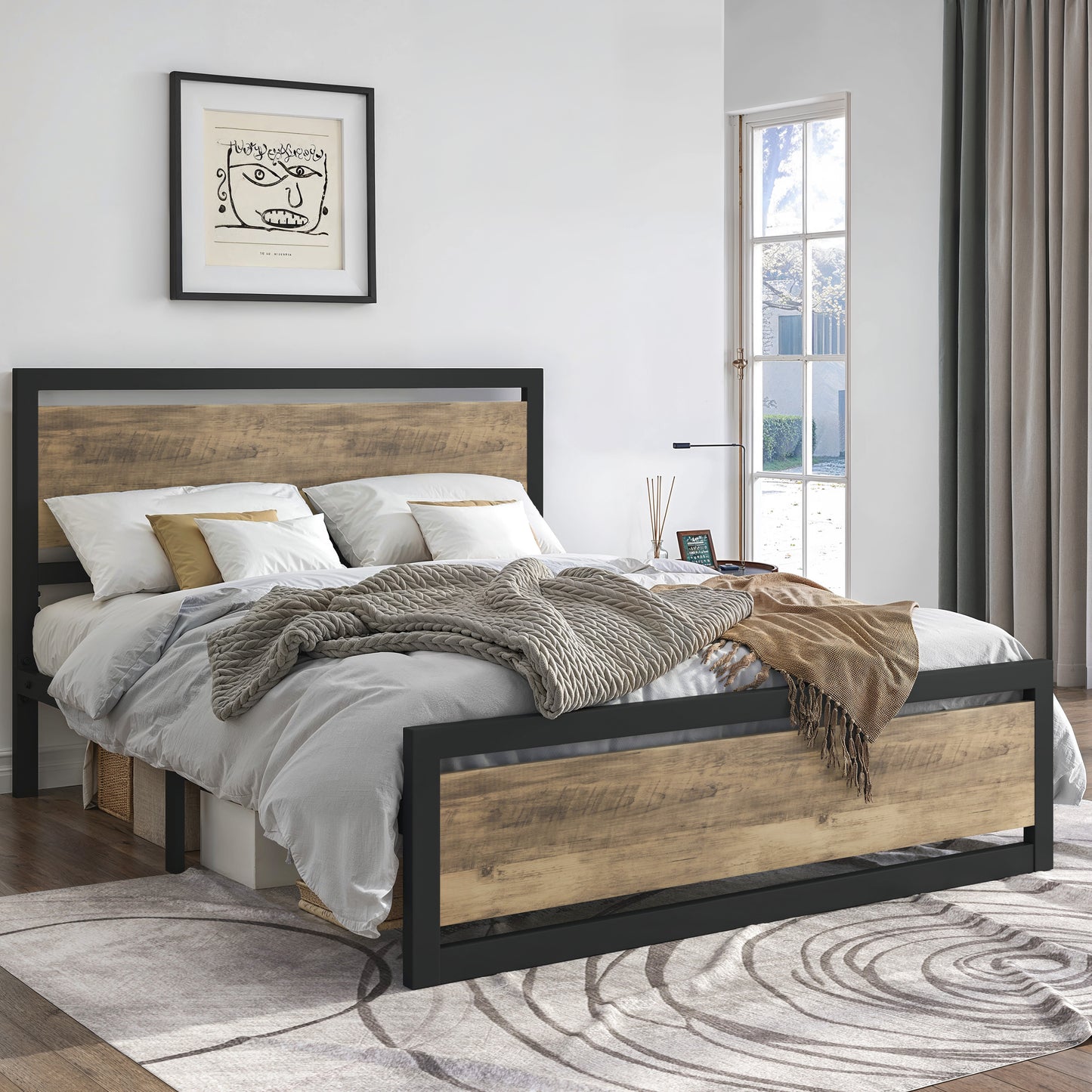 Heavy Duty Platform Bed, Metal Bed Frame with Modern Wooden Headboard & Footboard