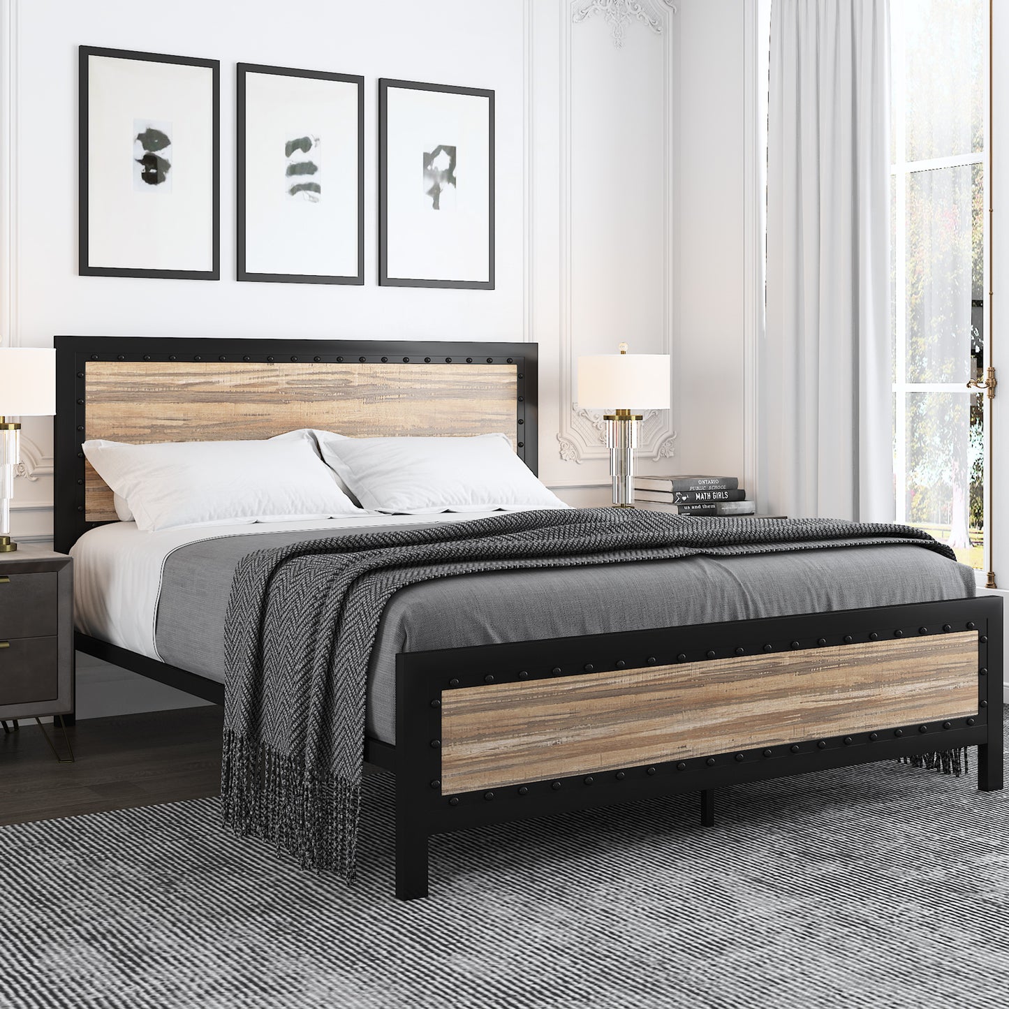 Heavy Duty Metal Bed Frame with Rivet Wooden Headboard & Footboard, Strong Steel Slats Support