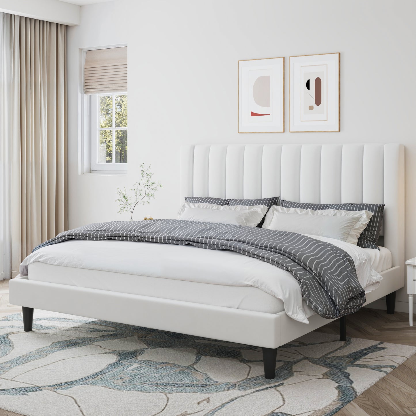 Velvet Upholstered Platform Bed Frame with Headboard, Strong Wood Slats Support