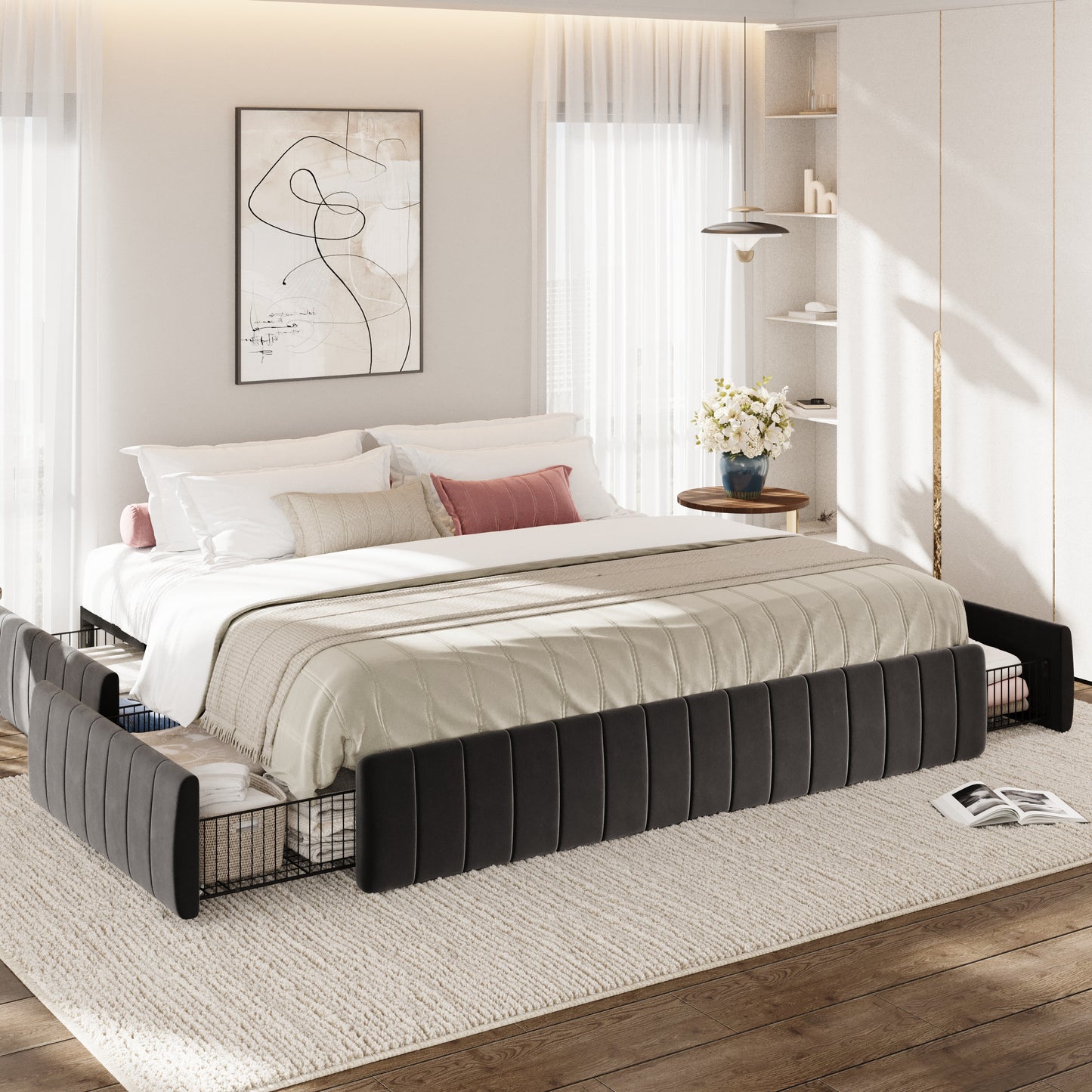 Amolife Bed Frame, Platform Storage Bed with 4 Large Velvet Storage Drawers, Wooden Slats